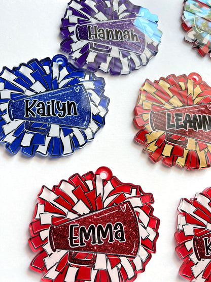 Custom Cheerleader Backpack Name Tag – Personalized Pom Pom Bag Charm – Competition Season Squad Gift