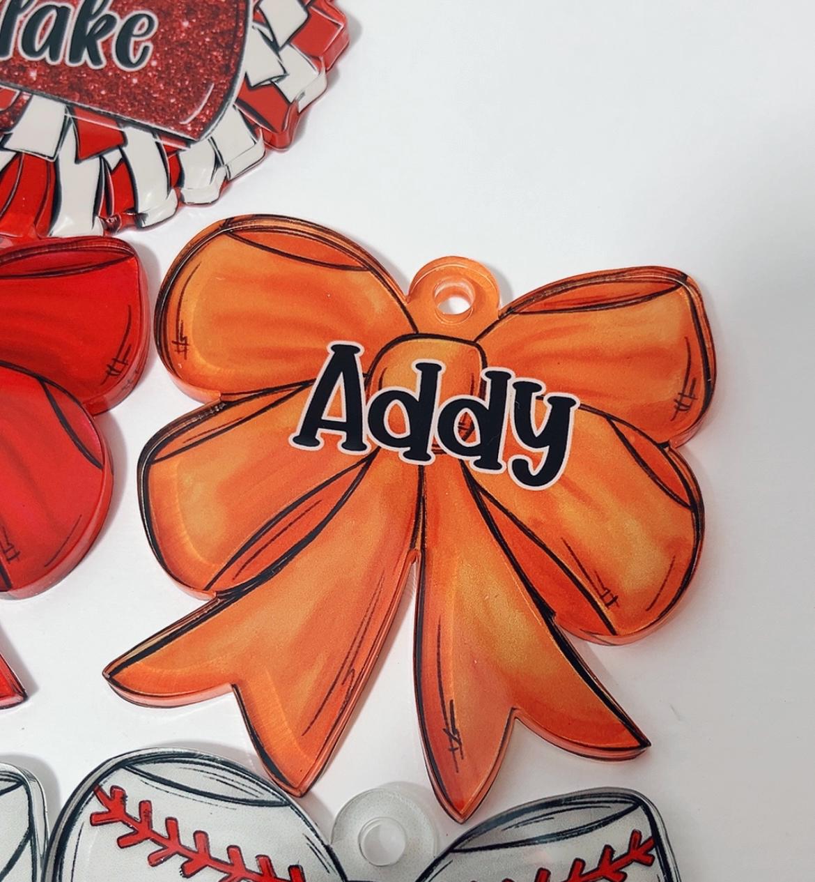Personalized Sports Bow Bag Tag: Custom Acrylic Name Charm for Girls Backpacks and Duffels