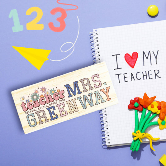 Personalized floral Teacher Eraser: Custom Name Wooden Chalkboard Desk Accessory