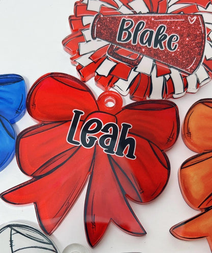 Personalized Sports Bow Bag Tag: Custom Acrylic Name Charm for Girls Backpacks and Duffels