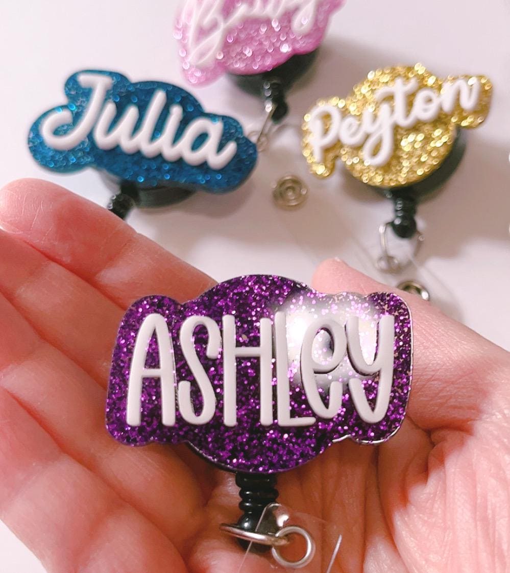 Personalized Glitter Name Badge Reel – Custom Acrylic ID Holder for Nurses, Teachers, Office Staff