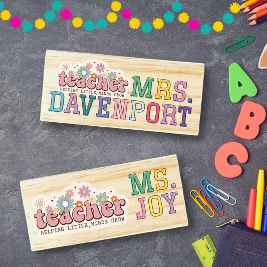 Personalized floral Teacher Eraser: Custom Name Wooden Chalkboard Desk Accessory