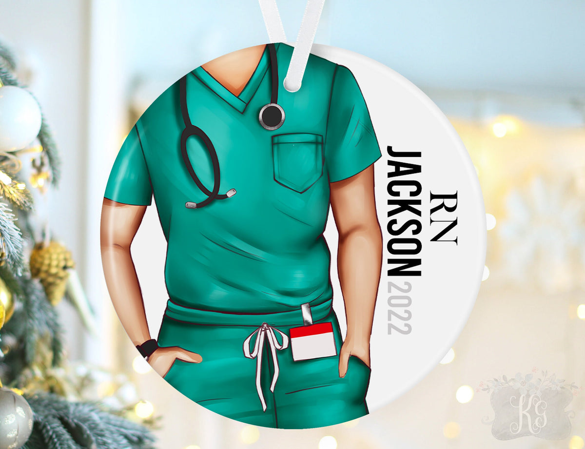 Personalized Male Nurse Scrub Top Christmas Ornament: Custom Ceramic RN Doctor Gift for Him