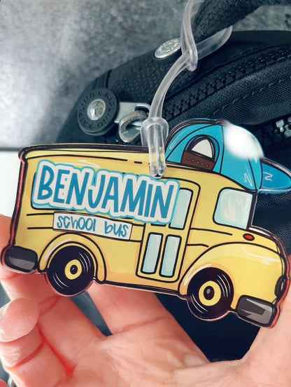 Personalized School Bus Bag Tag – Custom Name Tag for Kids, Boys or Girls Backpack