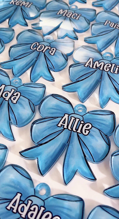 Personalized Sports Bow Bag Tag: Custom Acrylic Name Charm for Girls Backpacks and Duffels