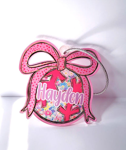 Custom Girls Sports Bag Tag - Softball Baseball Bow Name Tag