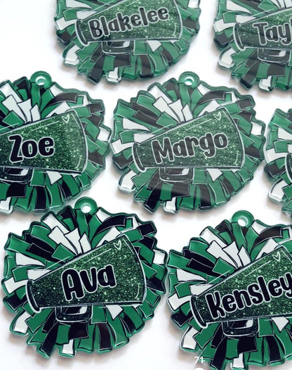 Custom Cheerleader Backpack Name Tag – Personalized Pom Pom Bag Charm – Competition Season Squad Gift