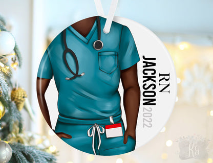 Personalized Male Nurse Scrub Top Christmas Ornament: Custom Ceramic RN Doctor Gift for Him