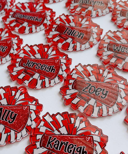 Custom Cheerleader Backpack Name Tag – Personalized Pom Pom Bag Charm – Competition Season Squad Gift