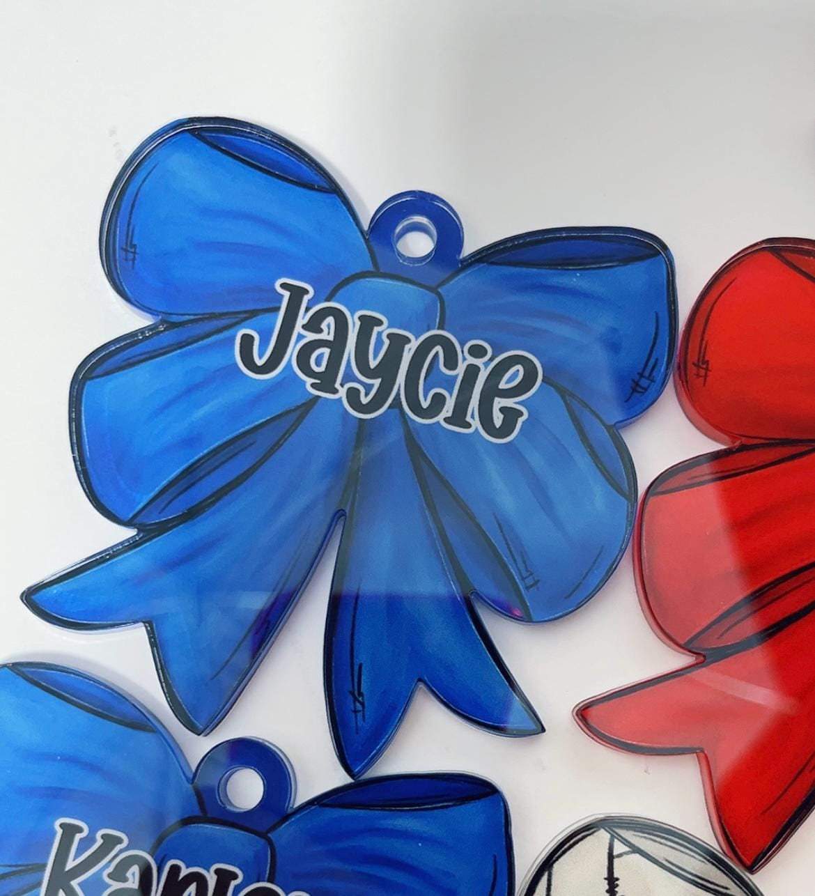 Personalized Sports Bow Bag Tag: Custom Acrylic Name Charm for Girls Backpacks and Duffels