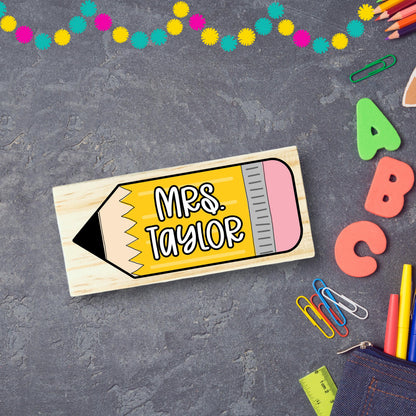 Personalized Pencil Teacher Eraser: Custom Name Wooden Chalkboard Desk Accessory