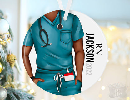 Personalized Male Nurse Scrub Top Christmas Ornament: Custom Ceramic RN Doctor Gift for Him