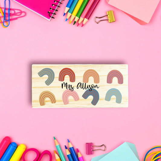 Personalized Rainbow Teacher Eraser: Custom Name Wooden Chalkboard Desk Accessory