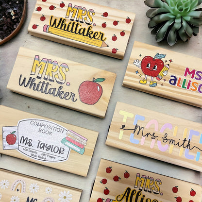 Personalized Apple Teacher Eraser: Custom Name Wooden Chalkboard Desk Accessory